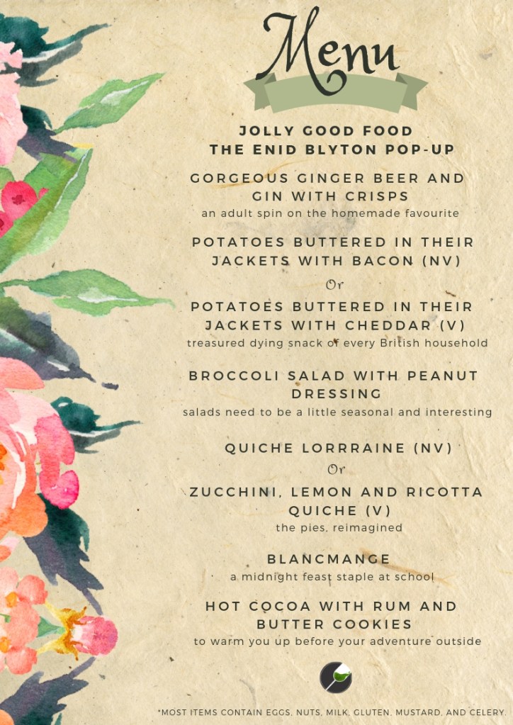 menu for food pop-up by Wine and Wasabi (TM) enid blyton themed